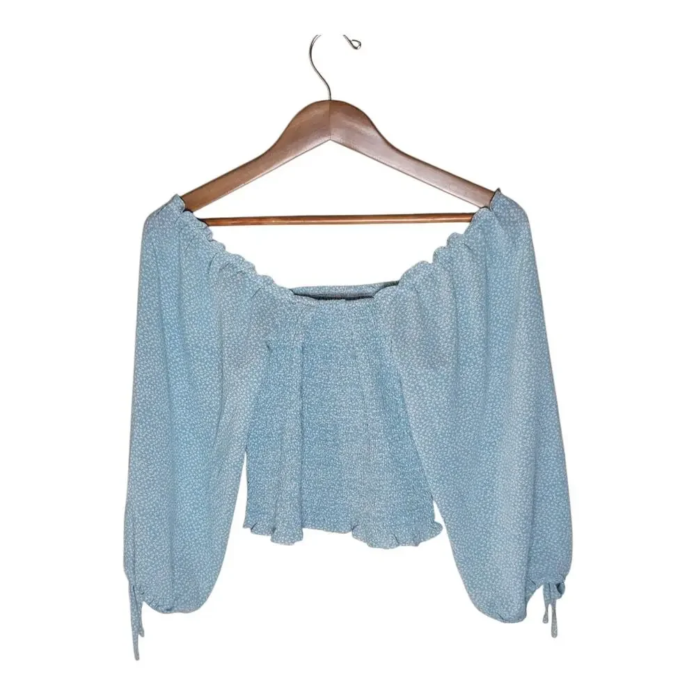 Harper & Me Cropped‎ Top Square Neck 3/4 Sleeve Blue Smocked Women's Size 12